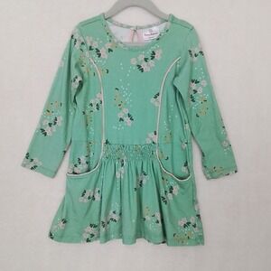Hanna Andersson Girls Long Sleeve Dress Sz 100‎ (4) Green Floral Pockets Smocked